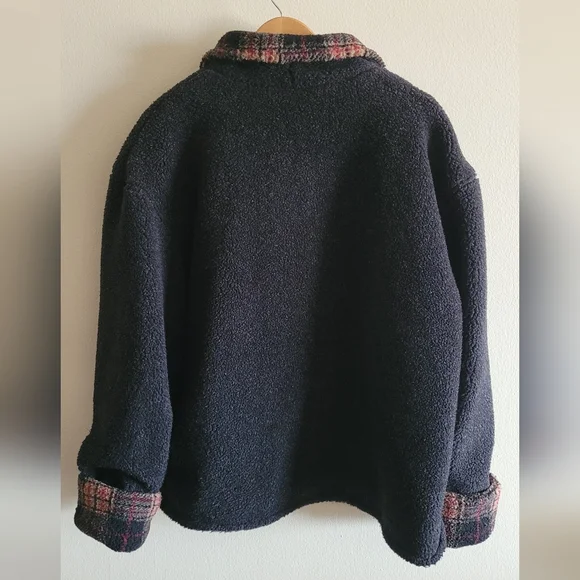 Vtg Sandro Oversized Button Down Teddy Jacket Women's XL, Black, Plaid Collar